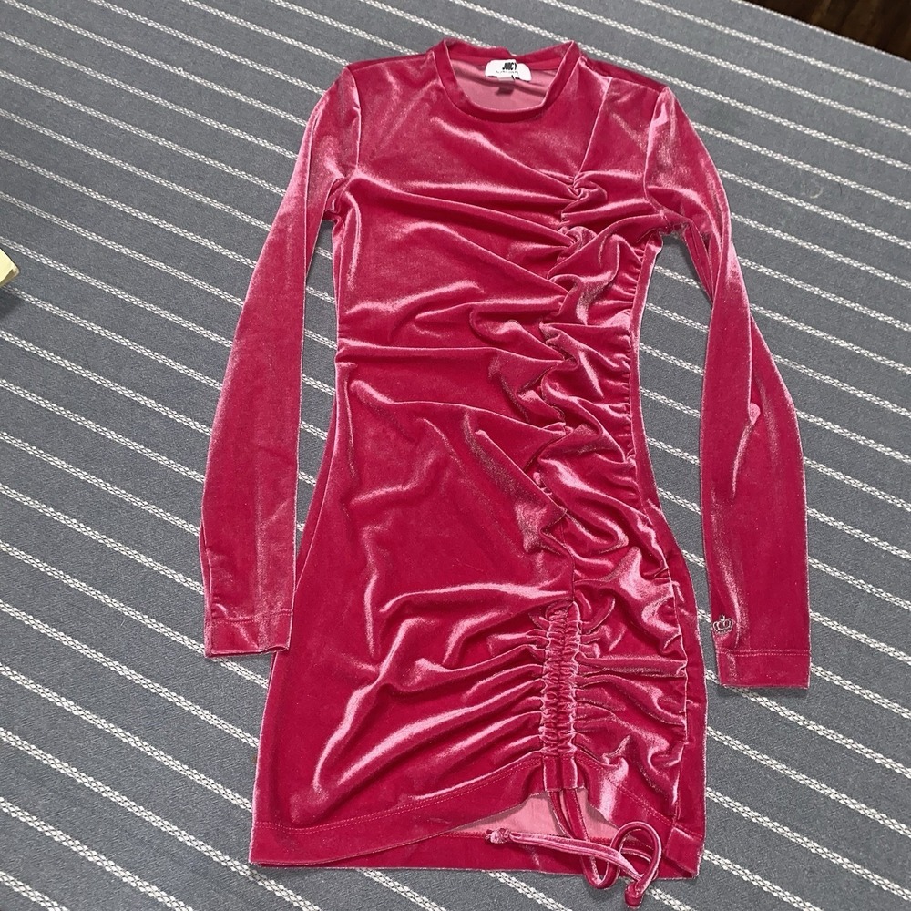 Juicy Couture Barbie Pink Velvet Side Ruched Tie Y2K Long Sleeve Dress XS